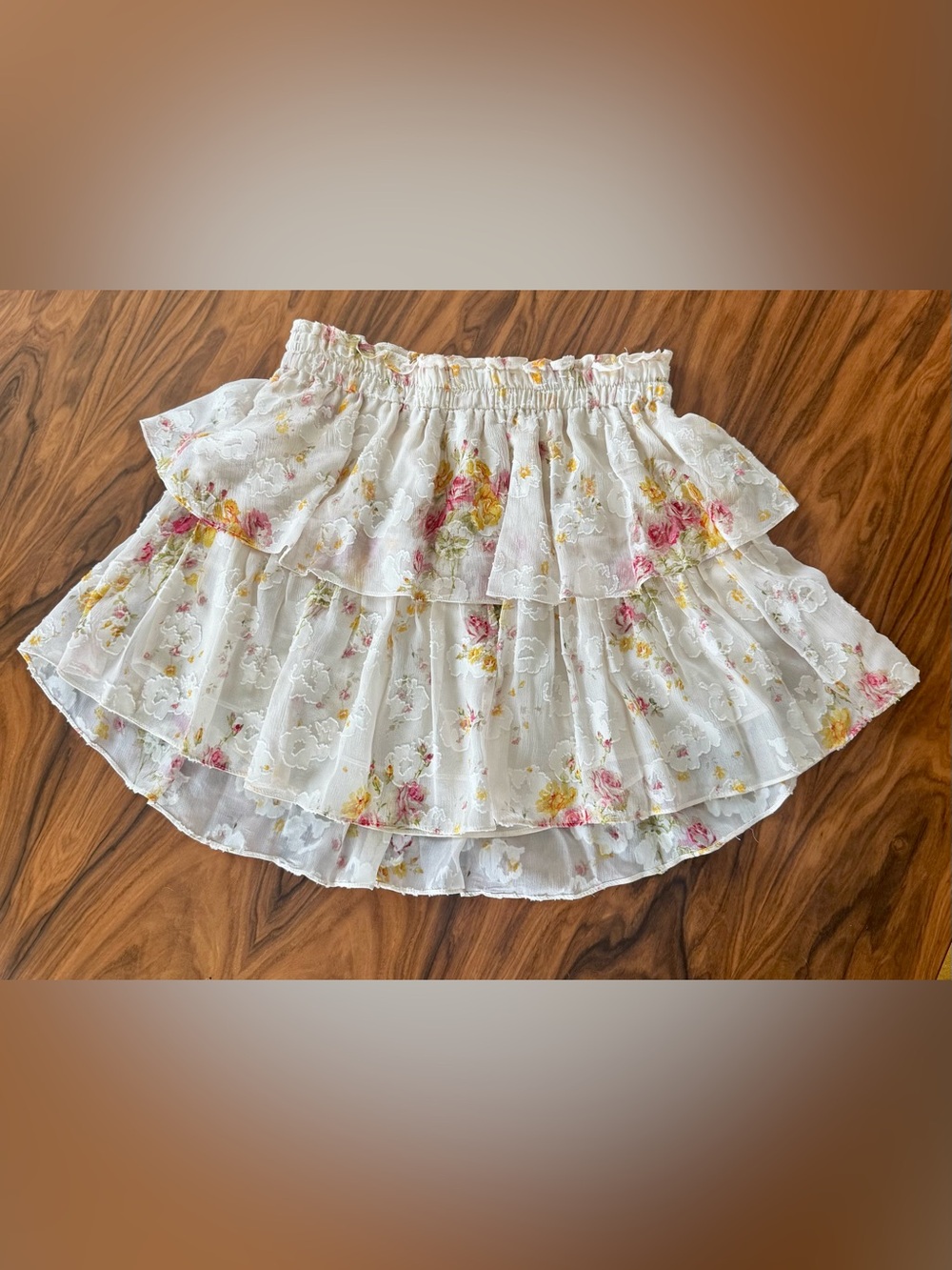 LoveShackFancy Floral Silk Cotton Tiered Ruffle Mini Skirt XS